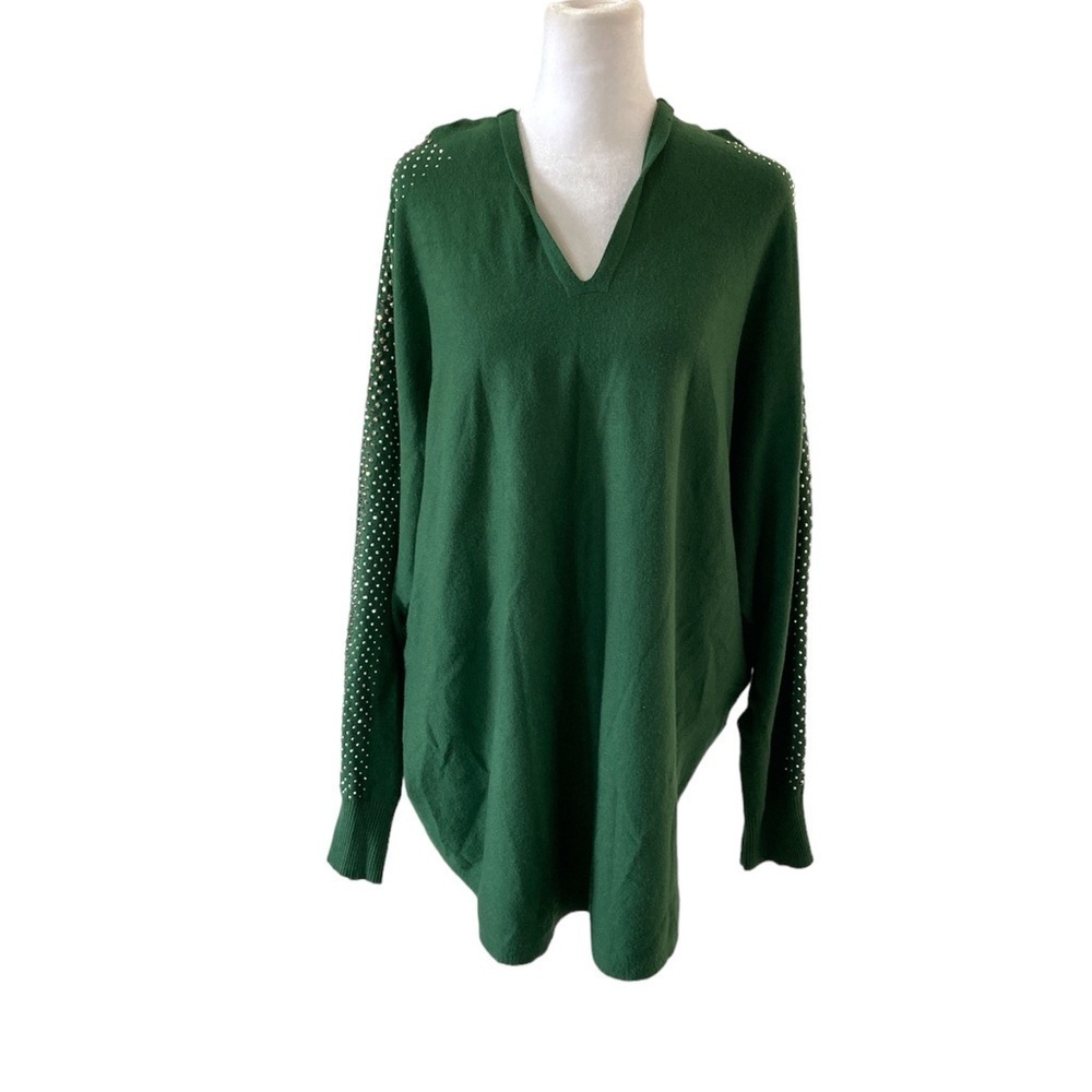 Adrienne Vittadini 2X green top with hood beads v-neck